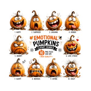 Könnte beinhalten: Ein digitales Clipart-Paket mit zehn orangefarbenen Kürbissen mit verschiedenen Gesichtsausdrücken und Emotionen, nummeriert von 1 bis 10, mit Text wie EMOTIONAL PUMPKINS CLIPART BUNDLE, 10 PNG FILES, 300 DPI und individuellen Bezeichnungen wie HAPPY.