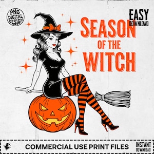 Season Of Witch Sublimation Clipart, Pinup Witch png, Halloween Digital Download, Sexy Witch Art, Witch Pumpkin Design, Digital Graphics