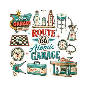 Retro Atomic Garage Clipart-paket | Route 66 Vintage bensinpump PNG | Mid Century Modern bilgrafik | Googie-stilskyltar från 1950-talet