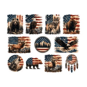Può includere: Una collezione di illustrazioni a tema patriottico americano con animali e simboli. I disegni includono un orso, un'aquila, un lupo e un bisonte, ciascuno sullo sfondo della bandiera americana. Altri disegni includono un acchiappasogni e una scena di montagna.