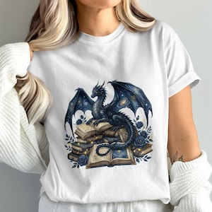 Blue Dragon Graphic T-Shirt, Fantasy Creature Art, Books and Magic Design, Unisex White Tee for Fantasy Lovers