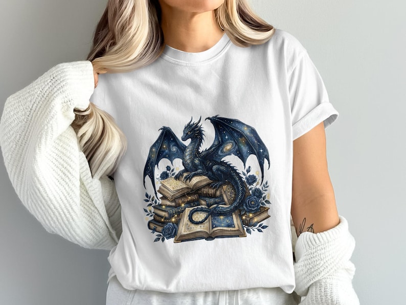 Blue Dragon Graphic T-Shirt, Fantasy Creature Art, Books and Magic Design, Unisex White Tee for Fantasy Lovers