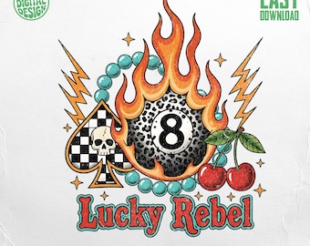 Lucky Rebel Digital PNG Design, Vintage Western 8 Ball Skull Flame Cherries, Retro Grunge Tattoo Art Sublimation, Instant Download