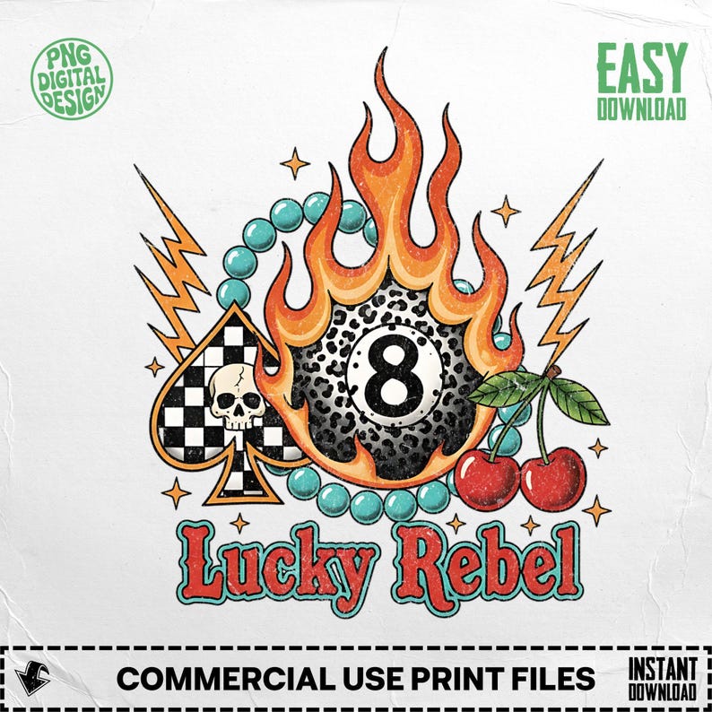 Lucky Rebel Digital PNG Design, Vintage Western 8 Ball Skull Flame ...