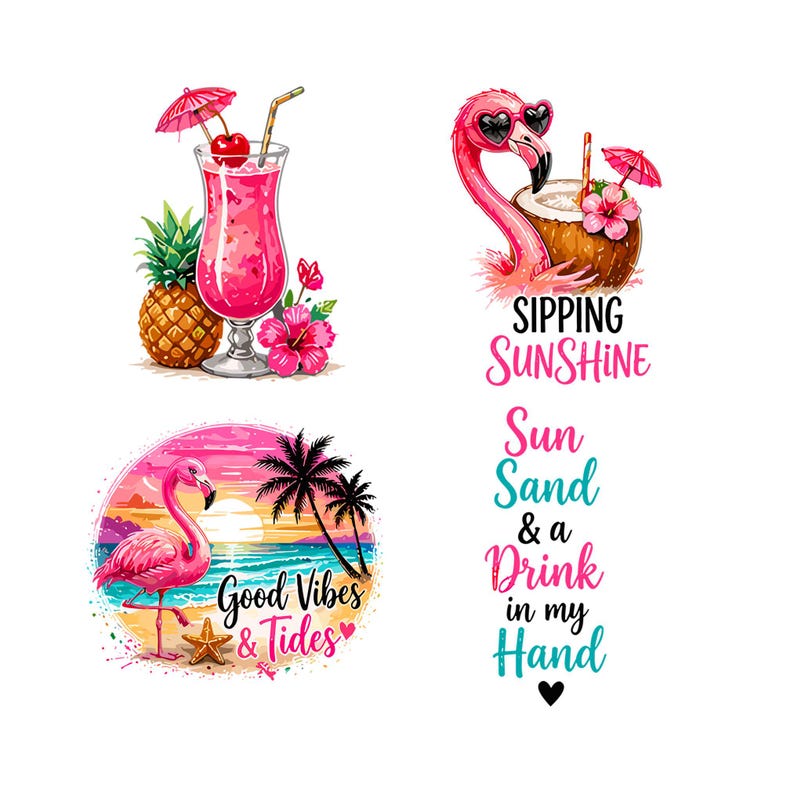 May include: A collection of vibrant, tropical-themed illustrations. One shows a pink cocktail with a cherry, pineapple, and flowers. Another features a flamingo with heart-shaped sunglasses. The third depicts a flamingo on a beach with text that reads "Good Vibes & Tides".