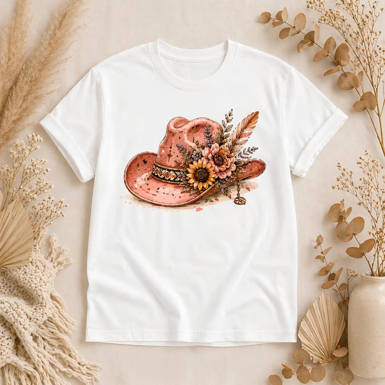 May include: A white short-sleeved t-shirt featuring a graphic print of a pink cowboy hat adorned with a cluster of sunflowers, wildflowers, and a single feather. The hat includes a decorative band and a small dangling charm detail.