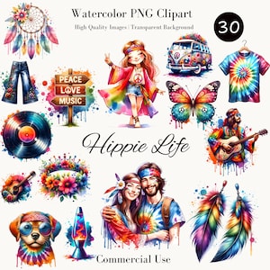 Clipart PNG aquarelle vie hippie, 30 images de haute qualité, musique Peace Love, Boho arc-en-ciel, art tie-Dye, téléchargement numérique