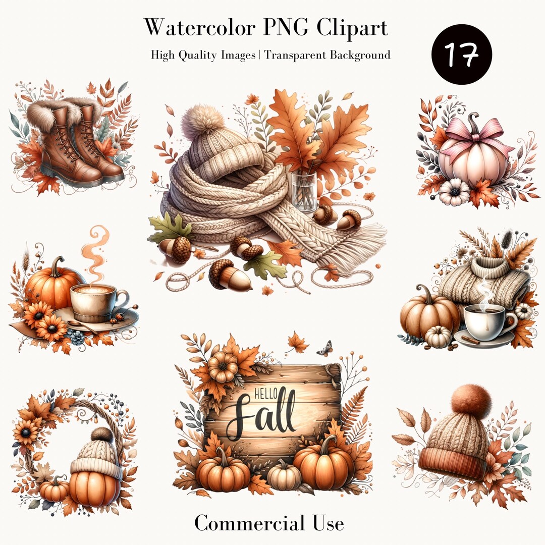 Cozy Fall Autumn Vibes Watercolor PNG Clipart – Hello Autumn, Fall ...