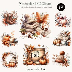 Clipart PNG aquarelle confortable automne vibes - Bonjour l'automne, citrouille d'automne, design en sublimation à téléchargement immédiat pour t-shirt, gobelet, emballage de tasse