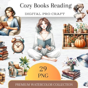 Lecture de livres confortables, clipart aquarelle, clipart jolie fille, tasse à café, png de fauteuil, clipart livres, amoureux des livres, graphismes confortables, téléchargement