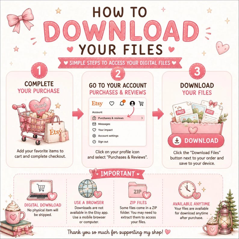 K&ouml;nnte beinhalten: Eine informative Grafik mit dem Titel HOW TO DOWNLOAD YOUR FILES in einem rosa Farbschema. Sie beschreibt drei Schritte: den Abschluss eines Kaufs mit einem Einkaufswagen, den Zugriff auf das Etsy-Kontomen&uuml; und das Herunterladen von Dateien.