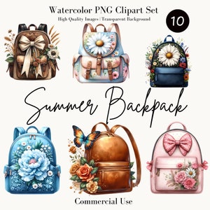 May include: A set of ten watercolor backpacks in various designs. The backpacks feature floral and butterfly accents, bows, and a variety of colors including brown, blue, and pink. Text includes "Watercolor PNG Clipart Set" and "Summer Backpack".