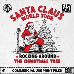 Santa Claus World Tour Sublimation Clipart png, Rocking around the Christmas Tree Digital Download,Santa with Guitar