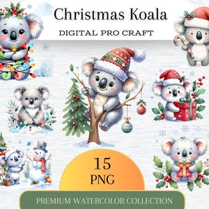 May include: A collection of watercolor illustrations featuring Christmas-themed koalas. The koalas are depicted in various festive scenes, wearing Santa hats, holding gifts, and surrounded by holiday decorations. Text includes "Christmas Koala" and "Premium Watercolor Collection."