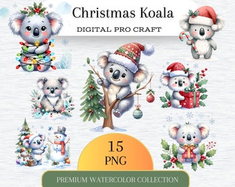 Australian Animal Christmas Clipart, Aussie, Summer, Commercial Use for Ornaments, POD, Cute PNG, Santa Hat, Koala, kangaroo, Wombat