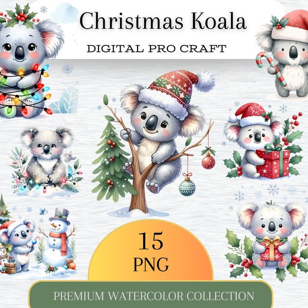 Australian Animal Christmas Clipart, Aussie, Summer, Commercial Use for Ornaments, POD, Cute PNG, Santa Hat, Koala, kangaroo, Wombat