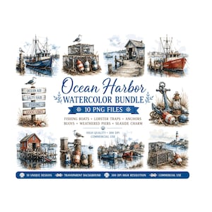 Könnte beinhalten: Aquarell-Bundle mit maritimen Elementen. Enthält Fischerboote, Hummerfallen, Bojen, verwitterte Piers und Anker. Der Text lautet "Ocean Harbor Watercolor Bundle" und "10 PNG Files".