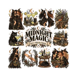 以下が含まれることがあります： Midnight Magic Vol 1 Witchy Sistersと題されたイラスト集。黒いドレスととんがり帽子を身につけた魔女、黒猫、マルガリータ、キャンドル、本、植物の要素が装飾的なグラフィックデザインとして配置されています。