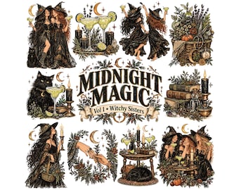 Witchy Sisters Clipart Bundle, Mystical Midnight Magic PNG, Dark Academia Graphics, Celestial Witch Art, Vintage Occult Junk Journal Kit