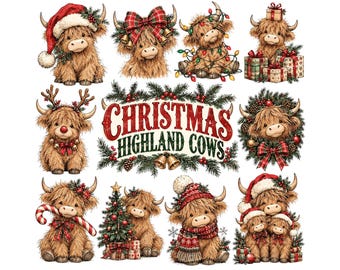 Christmas Highland Cow Clipart,Festive Winter Cow PNG Bundle,Holiday Farm Animal Sublimation, Rustic Christmas Cow Graphics,Digital Download