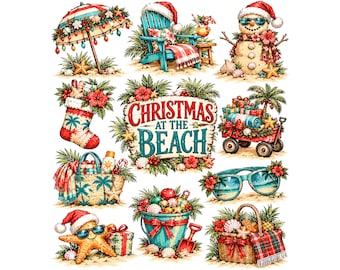 Beach Christmas Clipart Bundle | Tropical Holiday PNG | Coastal Christmas Graphics |Sand Snowman, Beach Umbrella, Summer Holiday Sublimation