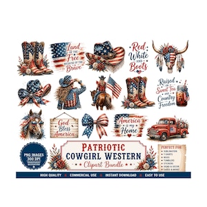 Op de afbeelding: Een bundel patriotische clipart met een western thema. Ontwerpen omvatten cowboylaarzen, een cowboyhoed en de Amerikaanse vlag. Tekst bevat "America is my Home" en "God Bless America".