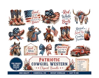 Patriotic Cowgirl Western Clipart Bundle, 4th of July PNG,Rustic American Flag Cowboy Boots, Watercolor Sublimation Designs,Digital Download