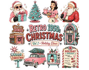 Puede incluir: Una colección de ilustraciones que incluye a Santa Claus, un árbol de Navidad decorado, un camarero, un North Pole Diner, una gramola, un coche familiar rosa con un árbol encima, una televisión con un muñeco de nieve y un menú con el texto Retro 1950s Christmas.