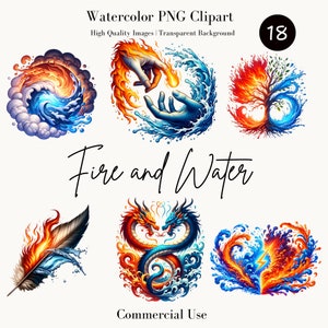 Pacchetto di clipart Fuoco e acqua – 18 immagini PNG ad alta risoluzione, Arte elementare dinamica, Design di t-shirt, Bicchiere, Uso commerciale, Download digitale