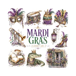 May include: A collection of Mardi Gras themed illustrations featuring a masquerade mask, a drum, a cupcake, a fan, a trombone, a lantern, a high-heeled shoe, beignets with coffee, an alligator wearing a crown, and a balcony, with the text Mardi Gras Clipart Vol 2.
