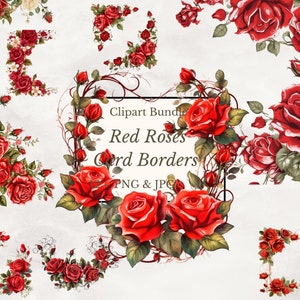 15 rote Rosen Blume Border Clipart, hochwertige PNG-JPGs, digitaler Download - Kartenherstellung, Mixed Media, digitales Papiermodell, Floral Clipart