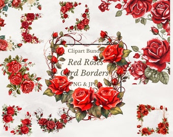 15 imágenes prediseñadas de bordes de rosas rojas, PNG-JPG de alta calidad, descarga digital - Creación de tarjetas, técnicas mixtas, manualidades digitales con papel, imágenes prediseñadas florales
