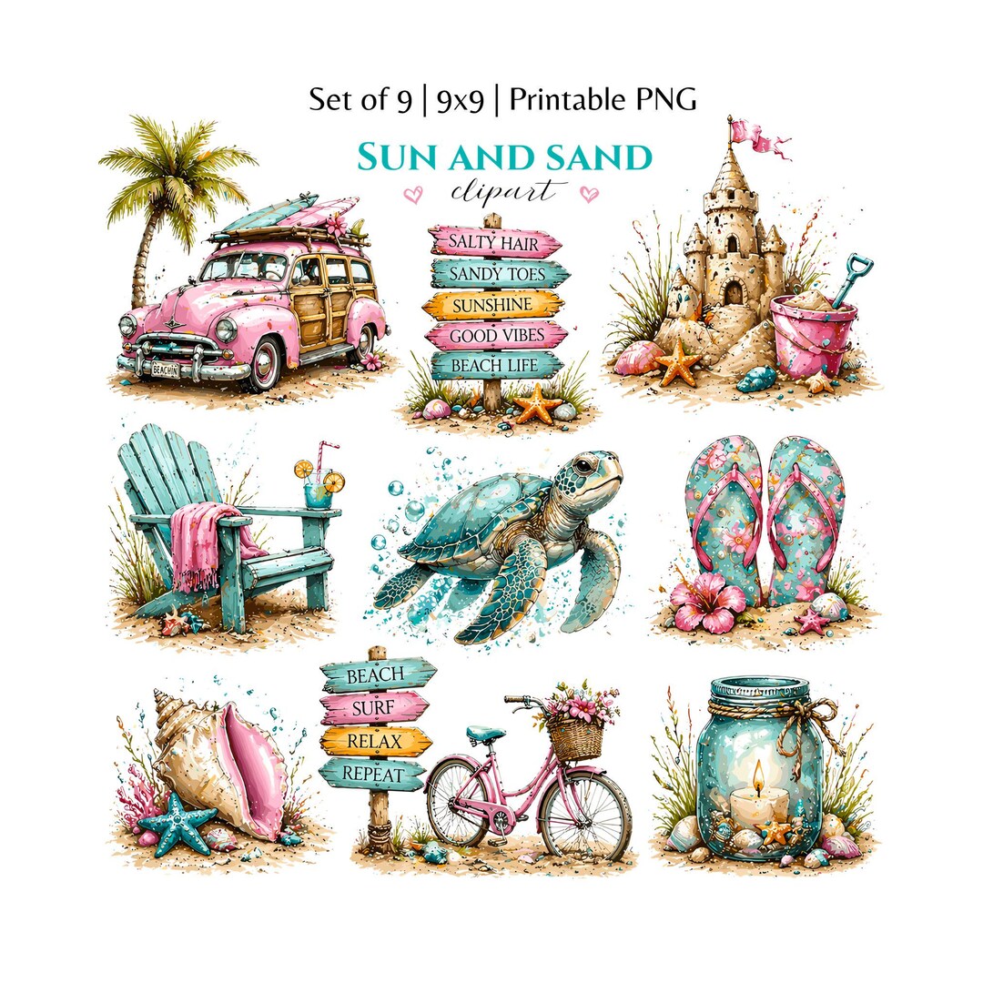 Summer Beach Clipart Bundle PNG | Watercolor Sea Turtle, Pink Beach Car ...