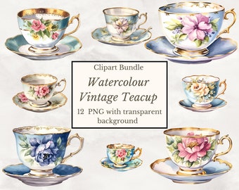 Watercolor Vintage Teacup Clipart - Antique Tea Time PNG Digital Image Downloads for Card Making, Scrapbook, Junk Journal, Paper Crafts