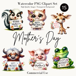 Ensemble de cliparts PNG aquarelle fête des mères, animal mignon avec signe, téléchargement numérique, usage commercial, clipart grenouille mignonne, fête des mamans