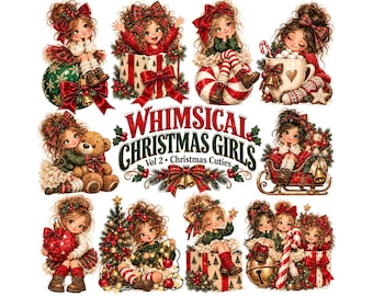 Whimsical Christmas Girls Clipart | Festive Holiday Cuties PNG | Vintage Watercolor Winter Graphics | Sublimation & Junk Journal Bundle