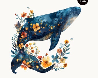 Floral Whale Watercolor Clipart, High Quality PNG, Digital Download, Scrapbooking, Junk Journal Supplies, Commercial Use, Craft Design