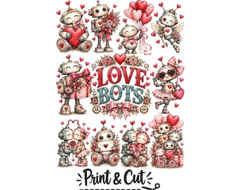 Valentine Robot Clipart Bundle | Love Bots Digital Stickers | Vintage Steampunk Heart Illustrations | Print and Cut PDF for Scrapbooking