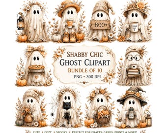 Zestaw clipartów z duchem w stylu shabby chic | Uroczy, vintage'owy obraz PNG z Halloween | Przytulna, jesienna grafika z dynią | Neutralny duch w stylu cottagecore | 10 obrazów PNG o rozdzielczości 300 DPI