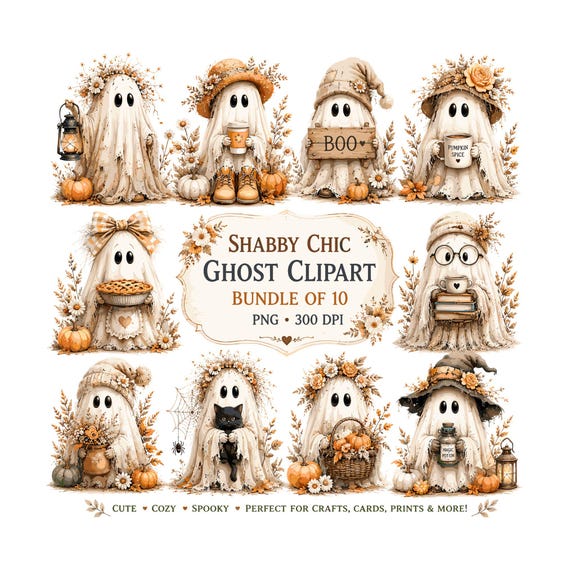 Shabby Chic Ghost Clipart Bundle | Cute Vintage Halloween PNG | Cozy Autumn Pumpkin Graphics | Neutral Cottagecore Ghost | 10 PNGs 300 DPI