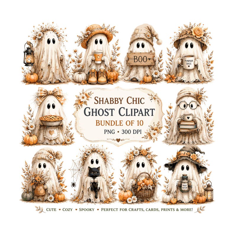 May include: A digital illustration featuring ten whimsical ghost characters in a shabby chic style. Each ghost is adorned with various accessories, including hats, flowers, and holding items like a lantern, coffee cup, and a black cat. The text "Shabby Chic Ghost Clipart" is also present.