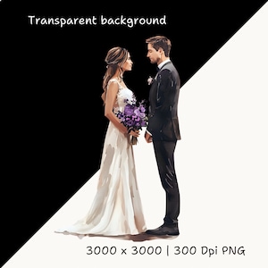 May include: A watercolor painting of a bride and groom standing together. The bride is wearing a white dress and holding a bouquet of purple flowers. The groom is wearing a black suit. The background is a black and white gradient.