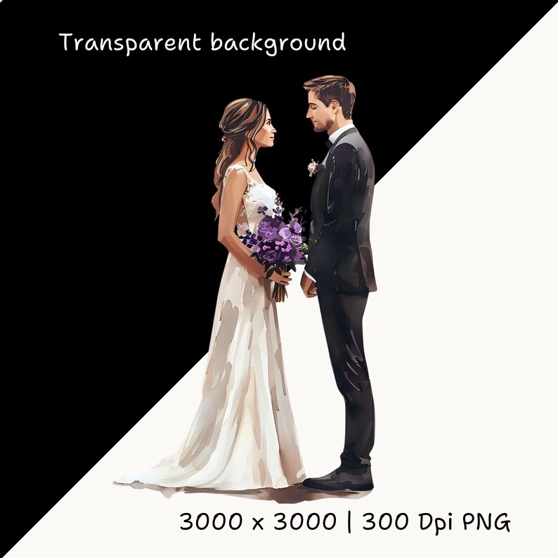 May include: A watercolor painting of a bride and groom standing together. The bride is wearing a white dress and holding a bouquet of purple flowers. The groom is wearing a black suit. The background is a black and white gradient.