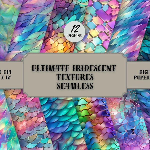Ultimate Iridescent Textures - seamless digital paper metallic textures with pastel rainbow holographic glitter and foil