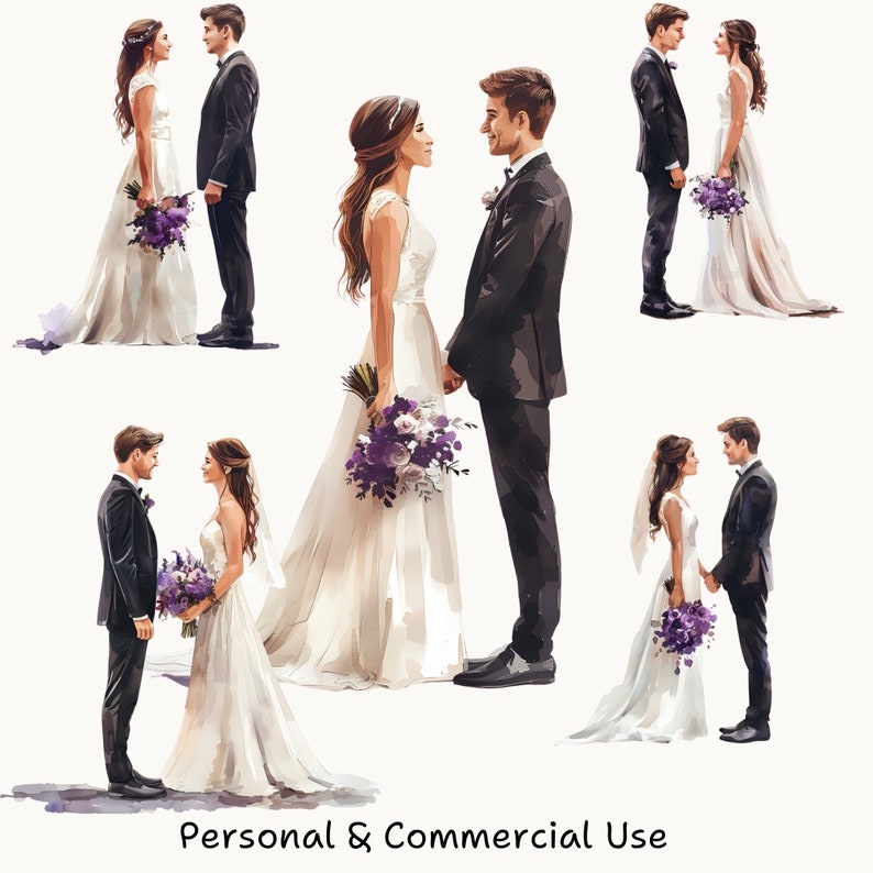 May include: Five watercolor illustrations of couples in wedding attire. The couples are standing and looking at each other. The brides are wearing white dresses with purple bouquets. The grooms are wearing black suits. The illustrations are set against a white background.