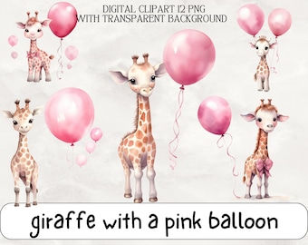 Watercolor Giraffe Clipart Set | 12 Baby Giraffe Graphics | Balloon Png | Baby Shower Clip Art | Nursery Decor | Digital PNG