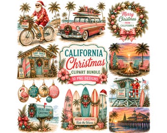 California Christmas Clipart Bundle, 10 Beach Christmas PNG, Tropical Santa, Coastal Holiday Graphics, Retro Surfboard Sublimation Designs