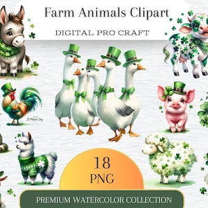 St Patrick Bauernhof Tiere Clipart PNG Bundle, süße St Patrick Kätzchen Lamm Aquarell Clipart für kommerzielle Nutzung, digitaler Sofort Download