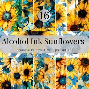 Sunflower Alcohol Ink Flowers Seamless Patterns - Floral Ink Digital Paper-16 Designs - 12x12in-Commercial Use-Alcohol Ink Flowers Patterns