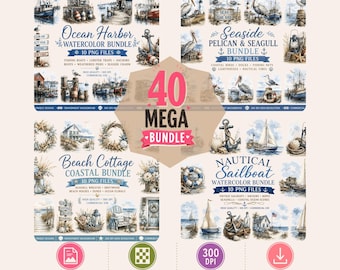 40 Watercolor Nautical Clipart Mega Bundle | Coastal Beach PNG, Sailboat Harbor Graphics, Lighthouses & Sea Birds, Commercial Use Download